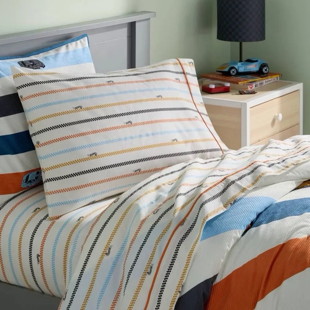 Hot Wheels Queen Cotton Sheet Set Cream Checkered Stripe Pillowfort New